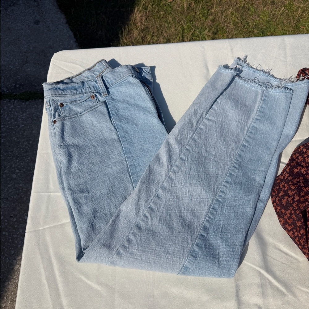 Abercrombie & Fitch Light Blue Straight Leg Jeans with Fringe Hem